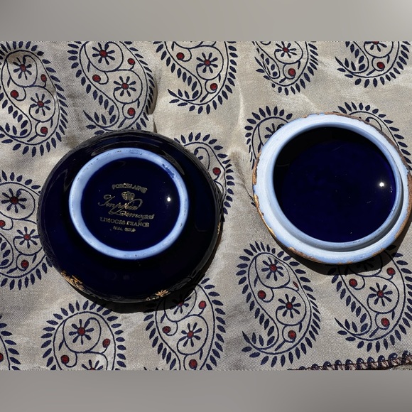 Limoges porcelain trinket box cobalt blue, real gold 18th century couple - Picture 5 of 8